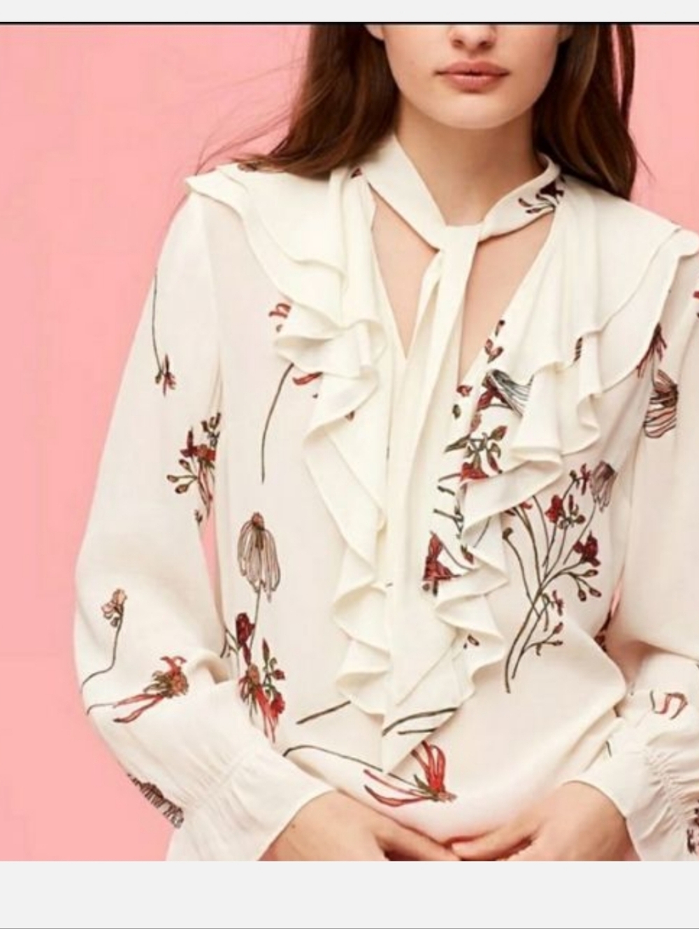 Aritzia Cream Ruffle Tie-Neck Floral Blouse with Red & Green Accents